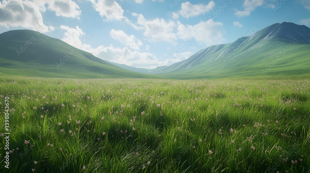 Obraz premium Lush Green Meadow with Rolling Hills and Blue Sky