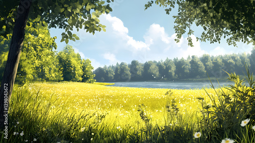 Fototapeta Naklejka Na Ścianę i Meble -  Sunny meadow by a calm lake surrounded by lush greenery and trees