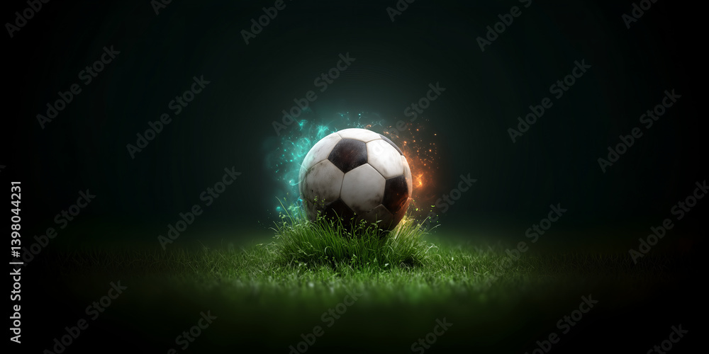 Fototapeta premium Soccer ball surrounded by colorful sparks on a grass field during nighttime