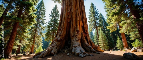 A majestic grove of ancient redwood trees stands tall in a forest, their massive trunks and sprawling roots creating a breathtaking natural wonder