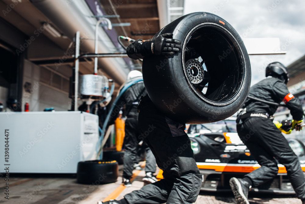 Fototapeta premium Team Mechanics refuel During a High-Speed Pit Stop in the Midst of an Endurance Race 