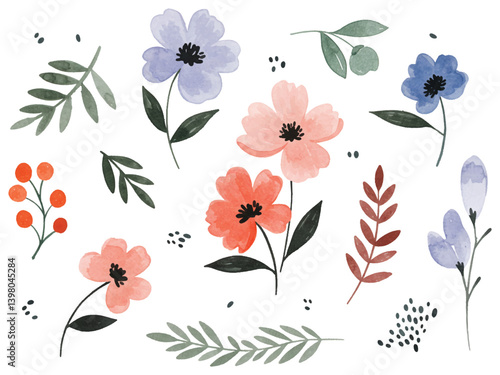 Vibrant Watercolor Floral Elements: Green Leaves & Soft Petals, Perfect for Stationery, Digital Papers, Fashion Design.