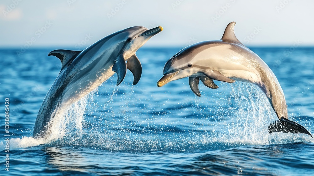 Fototapeta premium Two dolphins leaping out of the water in the ocean.