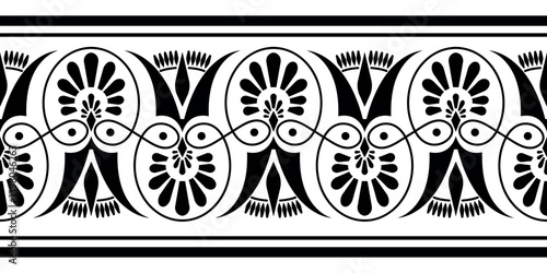 Vector black and white seamless classic greek floral meander ornament. Greek decorative element - Palmette. Ancient Greece, Roman Empire. Endless European pattern. For textile, embroidery, porcelain, 