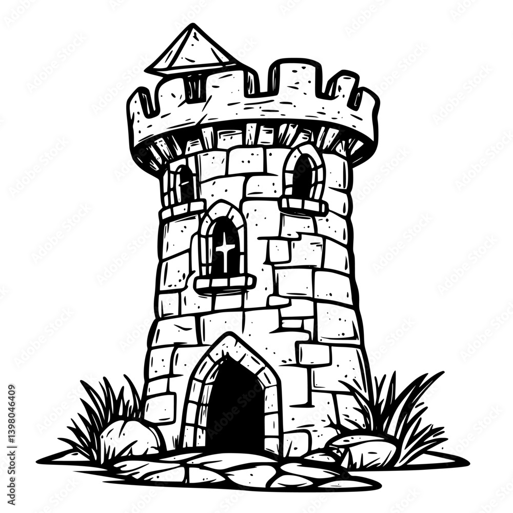 Vector hand-drawn illustration of a medieval stone tower surrounded by rocks and grass in a fantasy landscape