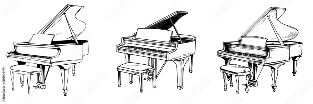 Elegant hand-drawn vector illustrations of grand pianos showcasing intricate designs and musical artistry