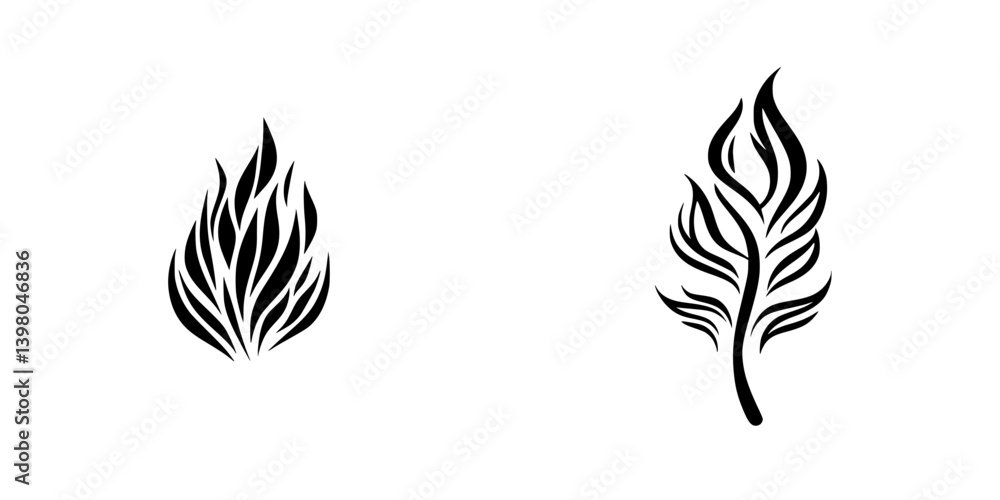 Vector hand-drawn flames and leaves showcasing intricate designs on a plain background Vector hand-drawn flames and leaves showcasing intricate designs on a plain background