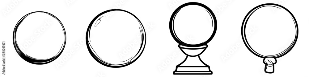 Hand-drawn vector illustrations of various crystal balls in different styles and shapes on a simple background Hand-drawn vector illustrations of various crystal balls in different styles and shapes on a simple background