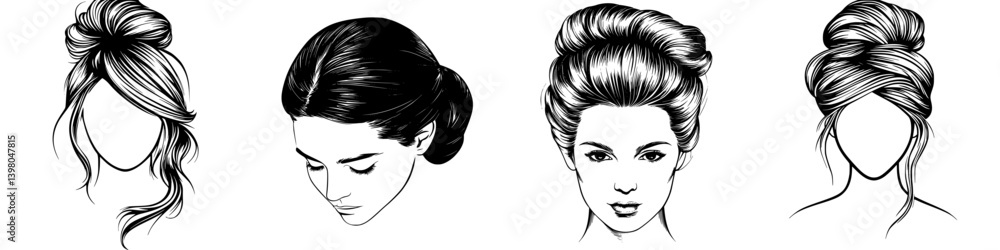 Elegant hairstyles in vector hand draw style showcasing diverse updo techniques for special occasions Elegant hairstyles in vector hand draw style showcasing diverse updo techniques for special occasions