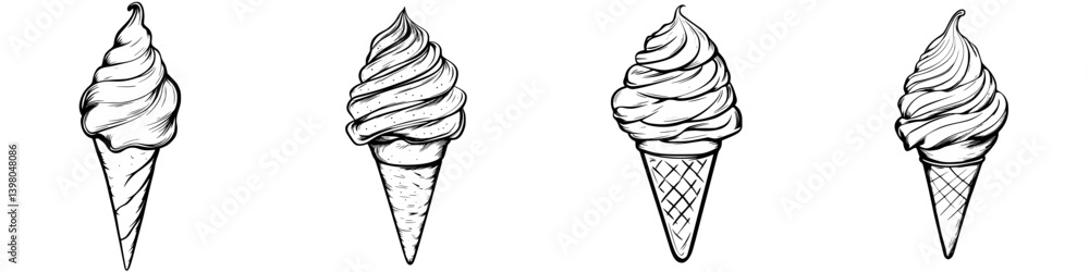 Vector hand-drawn ice cream cones with soft serve swirls in various orientations for design and illustration projects