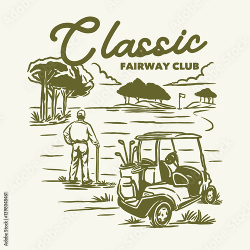 A vintage illustration showing a golfer preparing on a scenic golf course with a visible golf cart and trees. Captures a peaceful moment on a fairway in classic style.