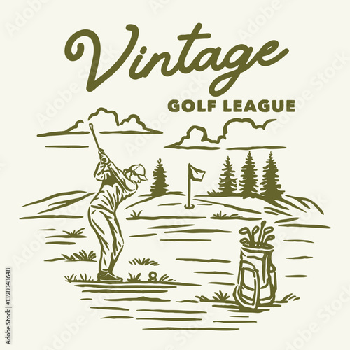 A vintage-style illustration featuring a golfer mid-swing on a scenic golf course