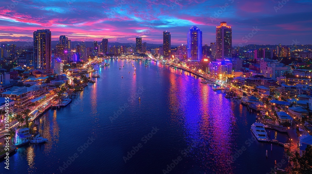 Fototapeta premium Cairns Night Cityscape: Stunning Aerial View of River, Skyscrapers, and Vibrant Lights