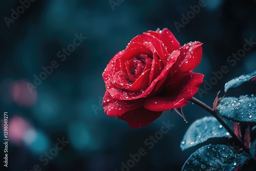 A Single Red Rose with Dewdrops Shimmers Against a Dark Background, Evoking Themes of Love, Beauty, and Fragility in a Dramatic Close-Up