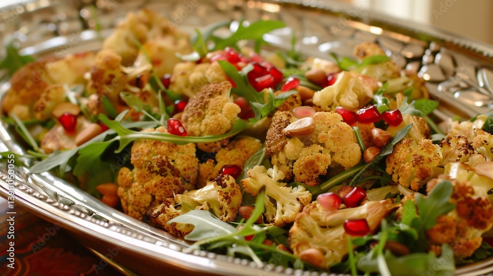 Vegan roasted cauliflower tahini salad with pomegranate arils arugula and toasted pine nuts Vegan roasted cauliflower tahini salad with pomegranate arils arugula and toasted pine nuts