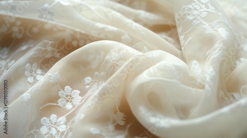 Delicate, flowing, cream-colored lace fabric with small floral embroidery.