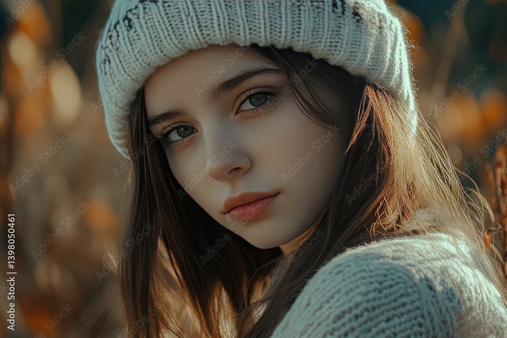 A Close-Up Portrait of a Woman Wearing a Knitted Beanie, Highlighting Her Serene Expression Against a Warm, Autumnal Background A Close-Up Portrait of a Woman Wearing a Knitted Beanie, Highlighting Her Serene Expression Against a Warm, Autumnal Background