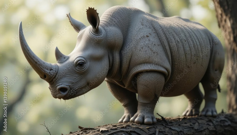 Obraz premium White Rhinoceros Calf Perched on Fallen Log, Soft Morning Light