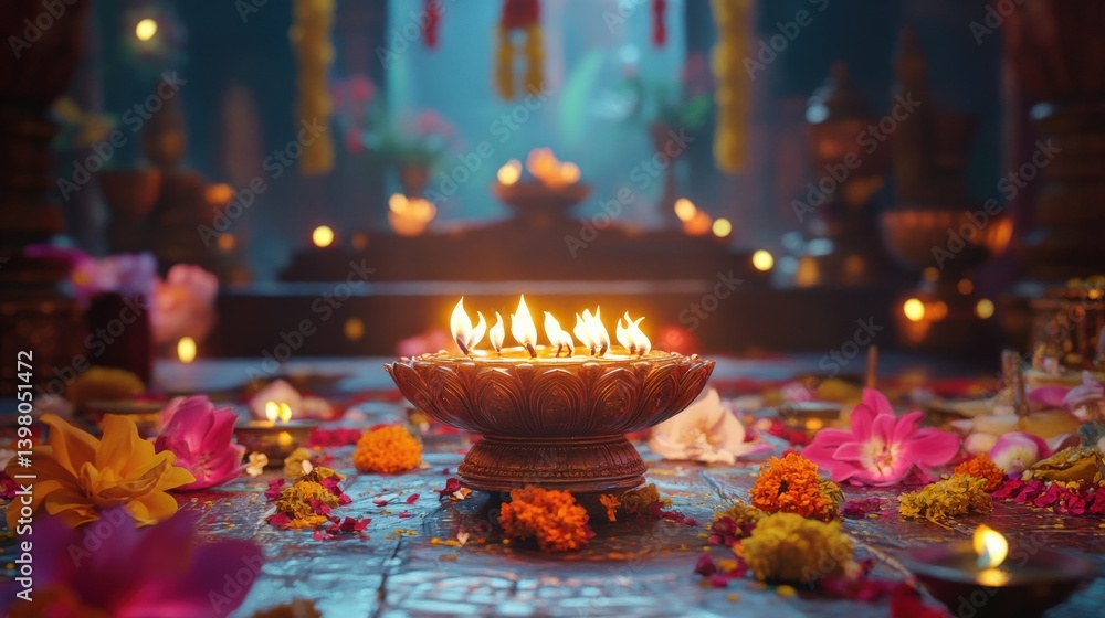 A traditional Hindu blessing ceremony with a glowing diya lamp and vibrant offerings A traditional Hindu blessing ceremony with a glowing diya lamp and vibrant offerings