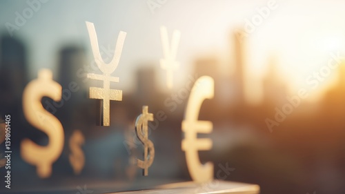 Real estate investment. Currency symbols reflecting global finance with a blurred city skyline in the background.
