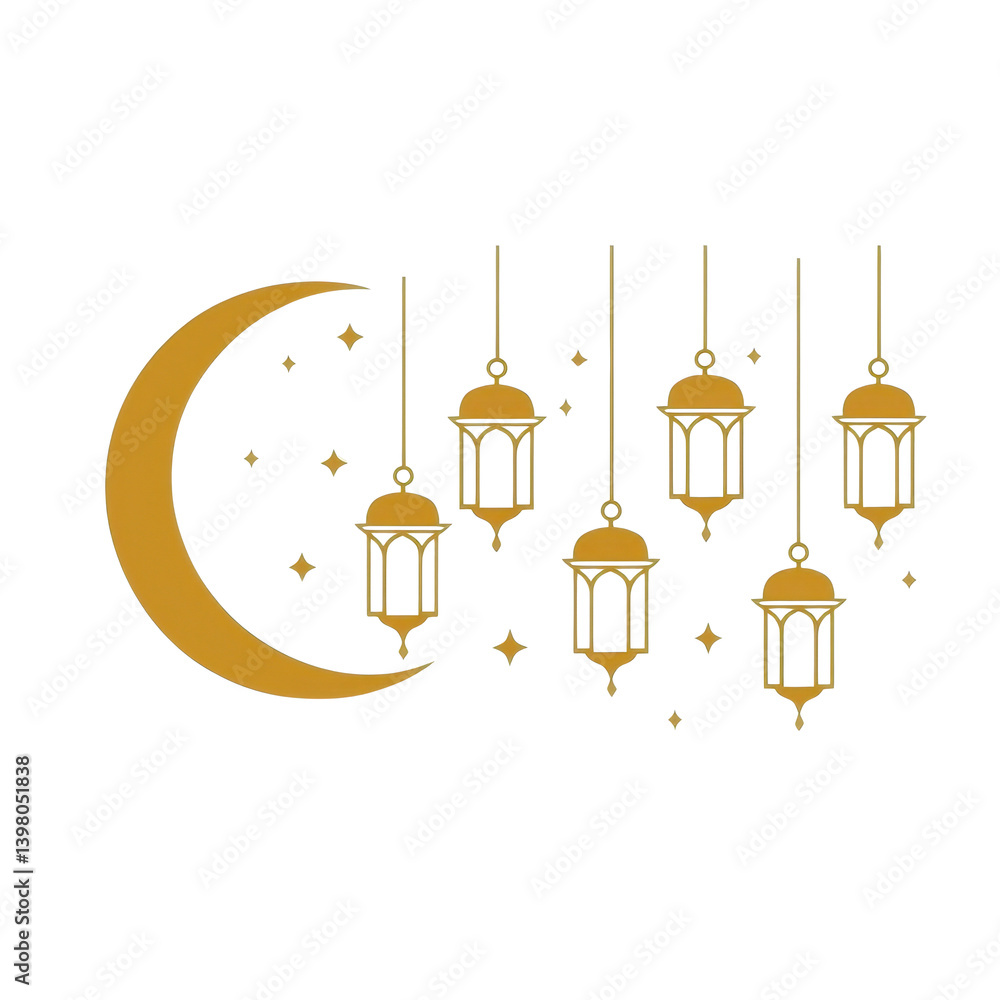 Golden crescent moon and hanging lanterns create festive and elegant atmosphere, perfect for celebrating cultural or religious events. design is adorned with stars, enhancing its charm