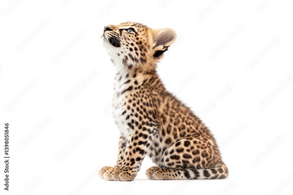 Leopard Cub Sitting, Looking Up, White Background, Wildlife Photography Leopard Cub Sitting, Looking Up, White Background, Wildlife Photography