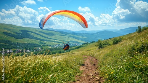 Paragliding over Majestic Mountain Landscape: A Breathtaking Aerial View