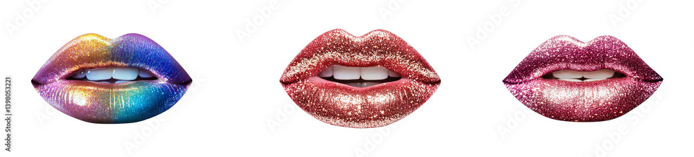 Fototapeta premium Colorful glossy lips beauty makeup glamour. Cut out png set