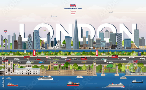 Photography London cityscape colorful vector illustration with big city name on the background