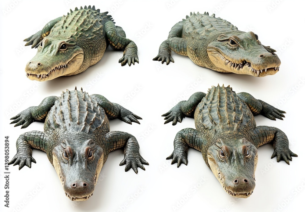 Fototapeta premium Alligator Studies: The image shows four detailed portrayals of an alligator, offering a comprehensive view of its physical attributes and characteristics.