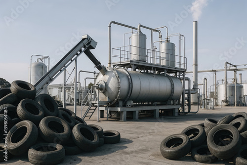 Industrial recycling plant processing used black rubber tires with modern pyrolysis machinery for sustainable energy production