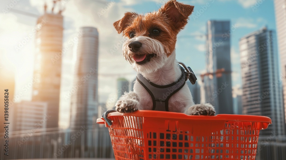 Happy Dog in a Shopping Basket in City Environment