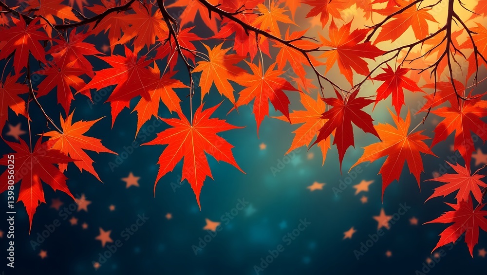 Vibrant autumn maple leaves glowing under a starlit night sky with warm soft lighting and a blurred Vibrant autumn maple leaves glowing under a starlit night sky with warm soft lighting and a blurred