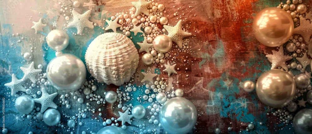 Fototapeta premium Underwater marine composition with seashells, starfish, and pearls on a textured blue background. Ocean-inspired decor, travel, vacation nautical, spa, or interior design themes. Generative ai