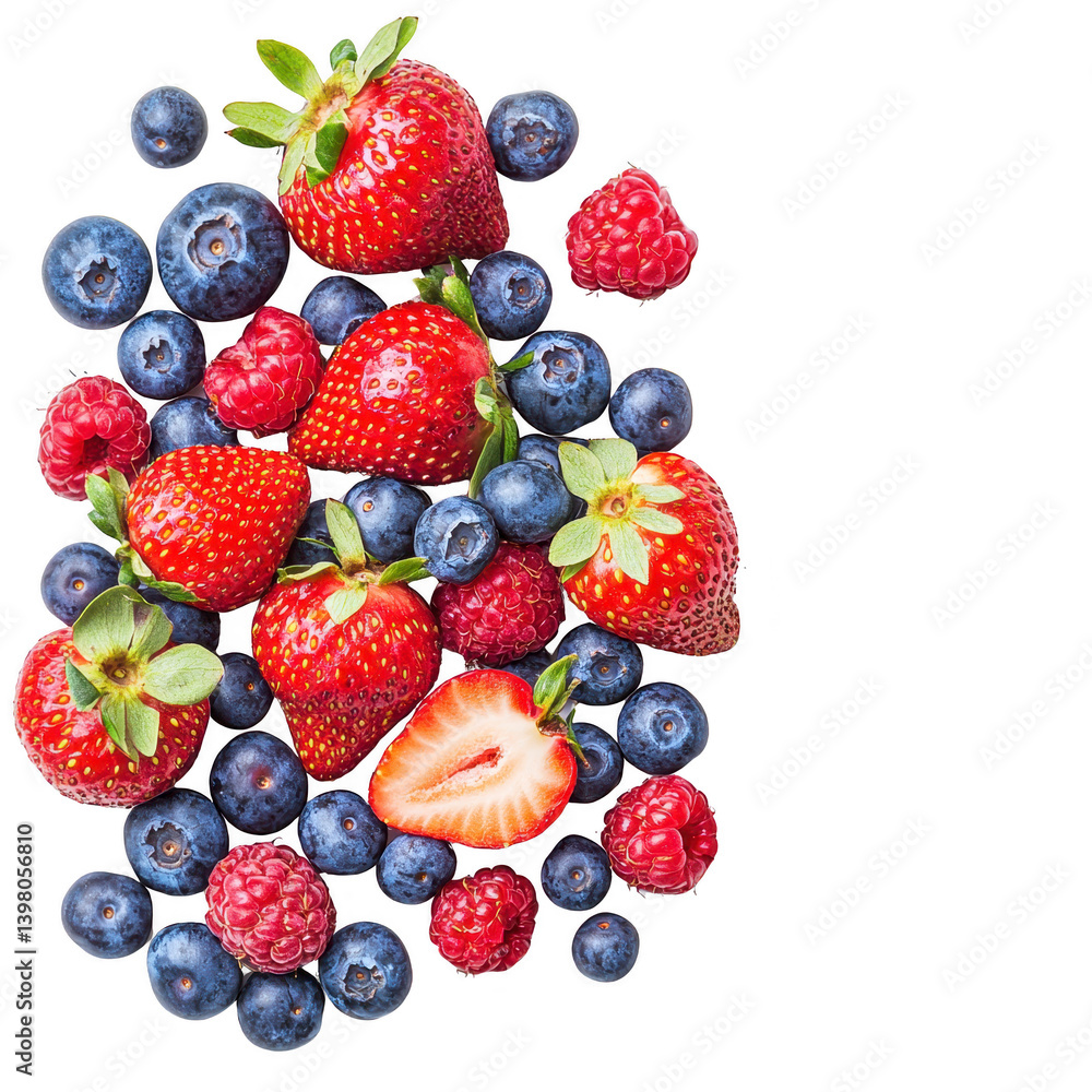 vibrant assortment of fresh strawberries, blueberries, and raspberries is artfully arranged, showcasing their rich colors and textures. berries are ripe and inviting, perfect for healthy snack vibrant assortment of fresh strawberries, blueberries, and raspberries is artfully arranged, showcasing their rich colors and textures. berries are ripe and inviting, perfect for healthy snack
