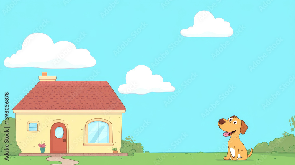 Naklejka premium cheerful dog sits in front of cozy house under bright blue sky with fluffy clouds, creating joyful scene