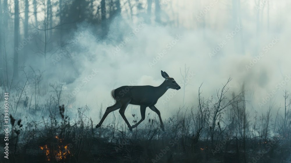 A lone deer running through a smoke-filled forest. A lone deer running through a smoke-filled forest.