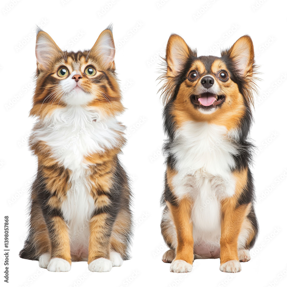 Obraz premium Two adorable pets, fluffy cat and cheerful dog, sit side by side. cat has long, bushy tail and striking fur patterns, while dog has perky ears and happy expression