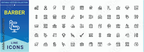 Barber line icon. Contains such symbols as haircut, style, beauty, hairdresser, shop, shop, hairstyle and more. Thin outline icons pack. Dresser modern icon set. Editable stroke. Vector collection.