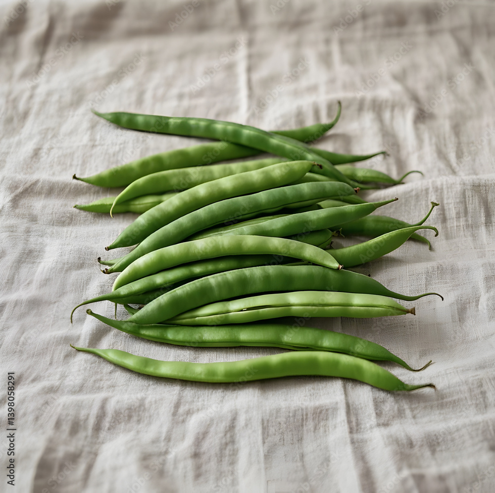 Flat lay of fresh green beans neatly arranged in a parallel pattern on a neutral background. Clean composition with focus on color and repetition. Crisp, minimal, and organic. Flat lay of fresh green beans neatly arranged in a parallel pattern on a neutral background. Clean composition with focus on color and repetition. Crisp, minimal, and organic.