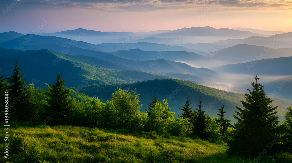 Obraz premium Rolling Mountains with Forest and Mist at Dawn