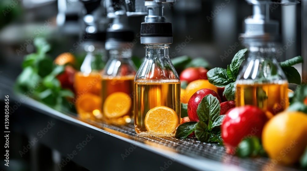 This vibrant image depicts freshly squeezed juice being bottled alongside colorful fruits and mint, illustrating a healthy, refreshing beverage-making process. This vibrant image depicts freshly squeezed juice being bottled alongside colorful fruits and mint, illustrating a healthy, refreshing beverage-making process.