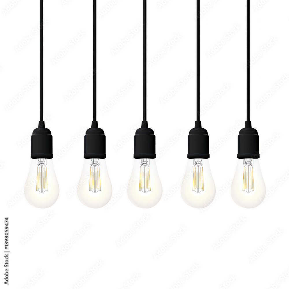 Five hanging light bulbs with glowing filaments create warm and inviting atmosphere, perfect for modern interior design. minimalist style emphasizes simplicity and elegance Five hanging light bulbs with glowing filaments create warm and inviting atmosphere, perfect for modern interior design. minimalist style emphasizes simplicity and elegance