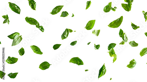 Fresh Basil Herb Leaves Floating in Air on White Background - Culinary Concept Art with Copy Space