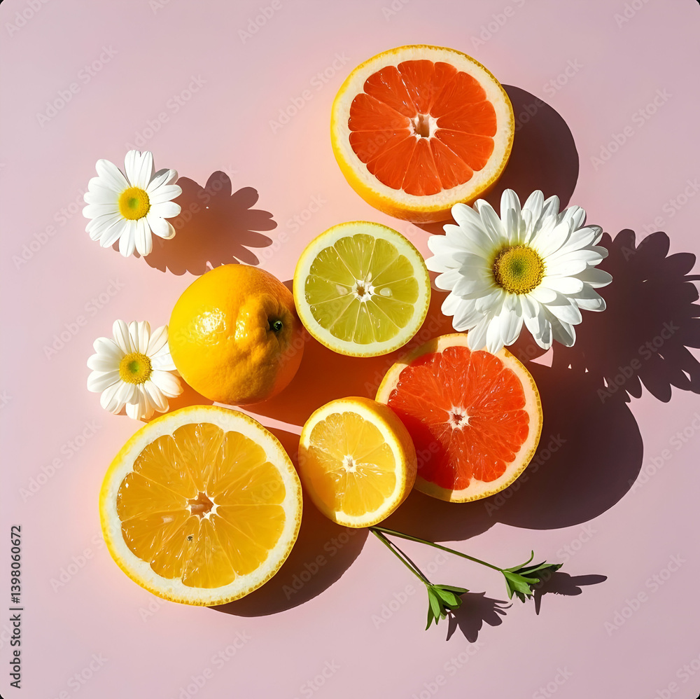 A vibrant flat lay composition of assorted sliced citrus fruits, arranged in an artistic and colorful pattern on a neutral background. Digitally rendered in high detail. A vibrant flat lay composition of assorted sliced citrus fruits, arranged in an artistic and colorful pattern on a neutral background. Digitally rendered in high detail.