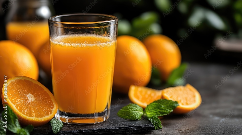 Freshly squeezed orange juice in a glass, surrounded by whole and sliced oranges, mint leaves, and a dark background Freshly squeezed orange juice in a glass, surrounded by whole and sliced oranges, mint leaves, and a dark background