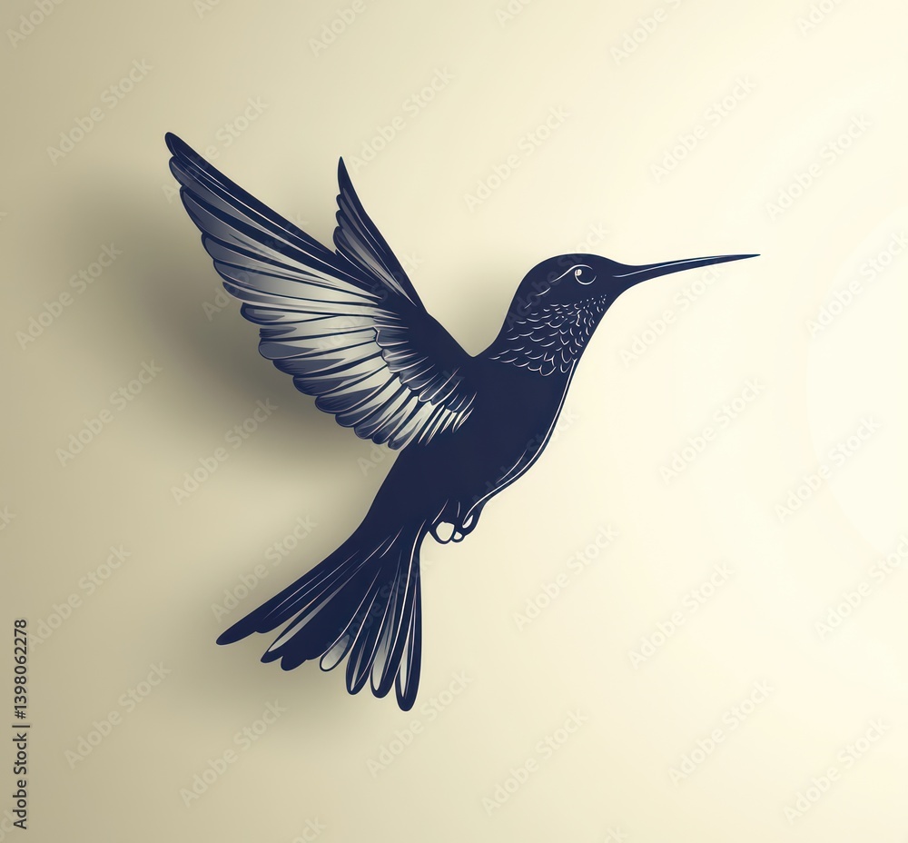 Obraz premium Hummingbird in flight, graphic art, beige background, design element.