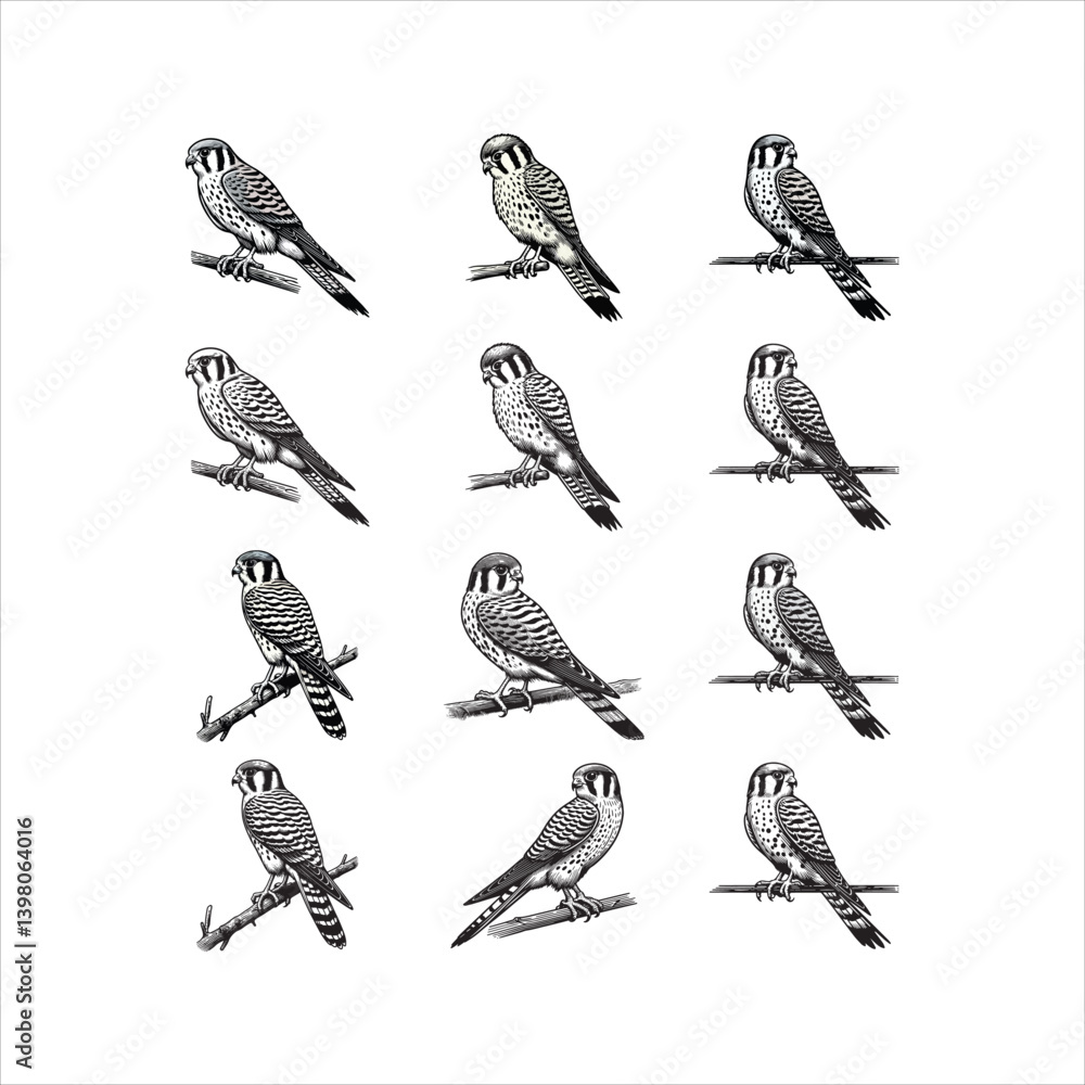 Fototapeta premium American Kestrel Perching on Fence Post – Line Art Wildlife Illustration
