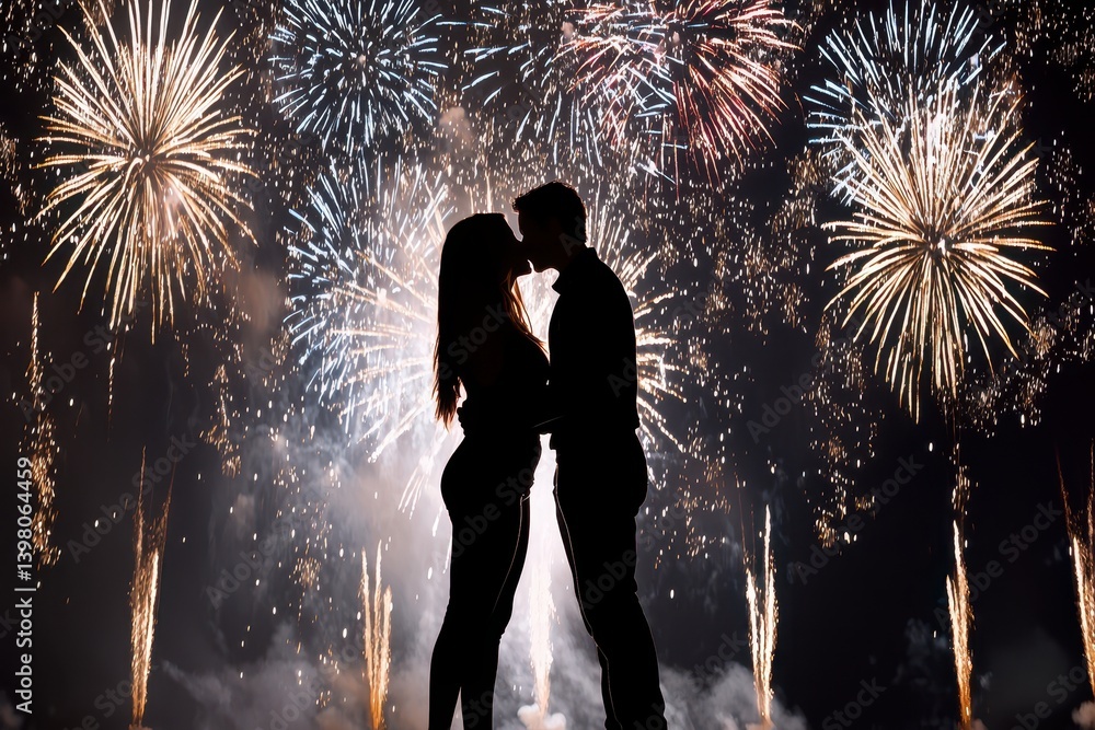 A silhouetted couple sharing kiss against backdrop of vibrant fireworks, creating romantic and celebratory atmosphere. scene captures joy and excitement of special moment