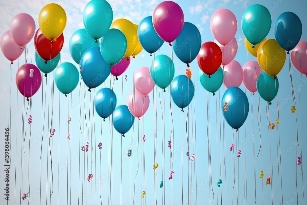 A Vibrant balloons drifting into clear blue sky create joyful and festive atmosphere, perfect for celebrations and special occasions. colorful display evokes feelings of happiness and freedom
